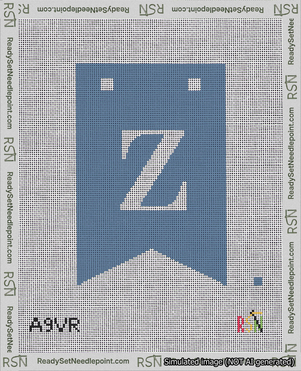 A taped needlepoint canvas with the design: Banner 18 mesh count Forked Z White on Blue.