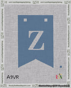A taped needlepoint canvas with the design: Banner 18 mesh count Forked Z White on Blue.