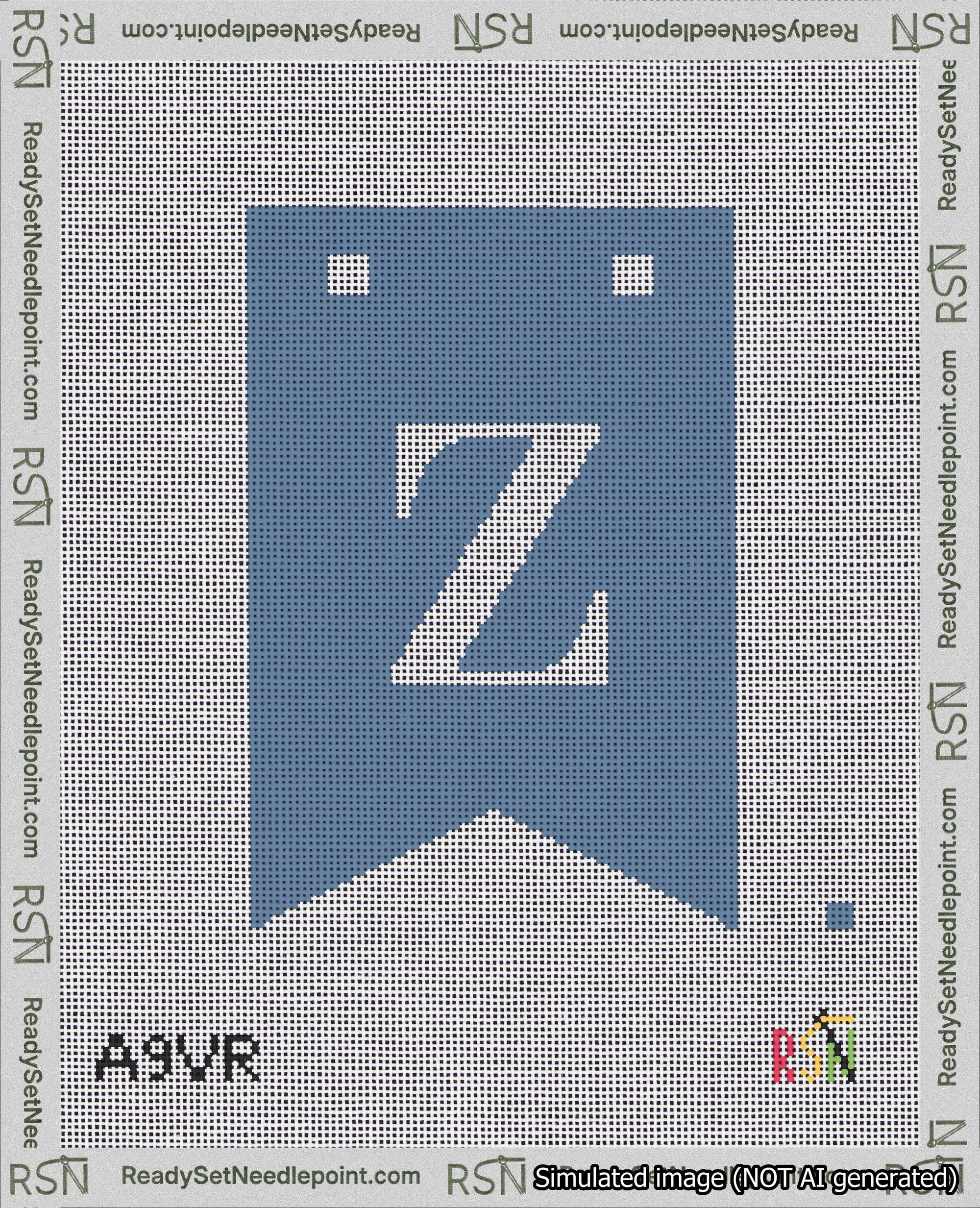 A taped needlepoint canvas with the design: Banner 18 mesh count Forked Z White on Blue.