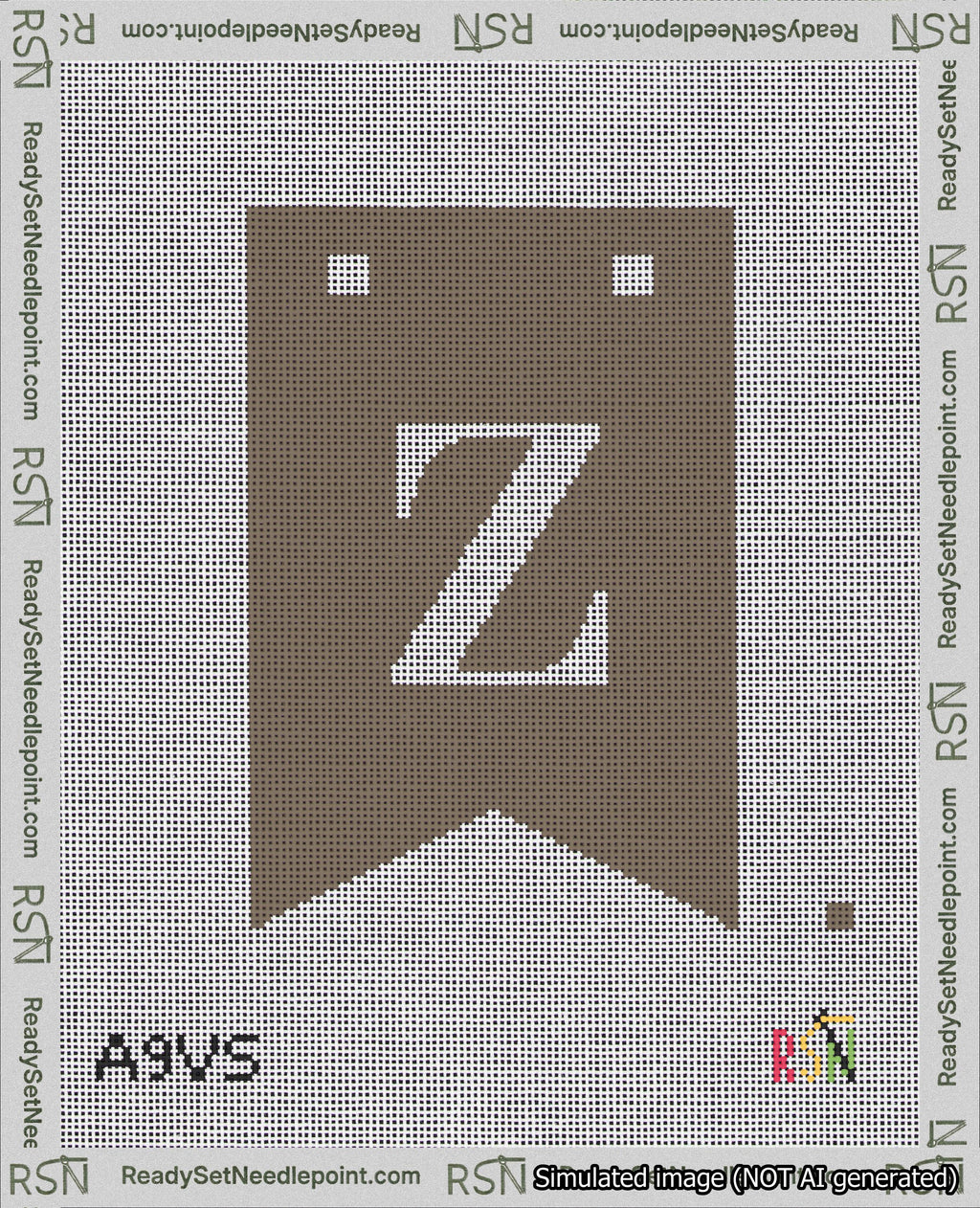 A taped needlepoint canvas with the design: Banner 18 mesh count Forked Z White on Brown.