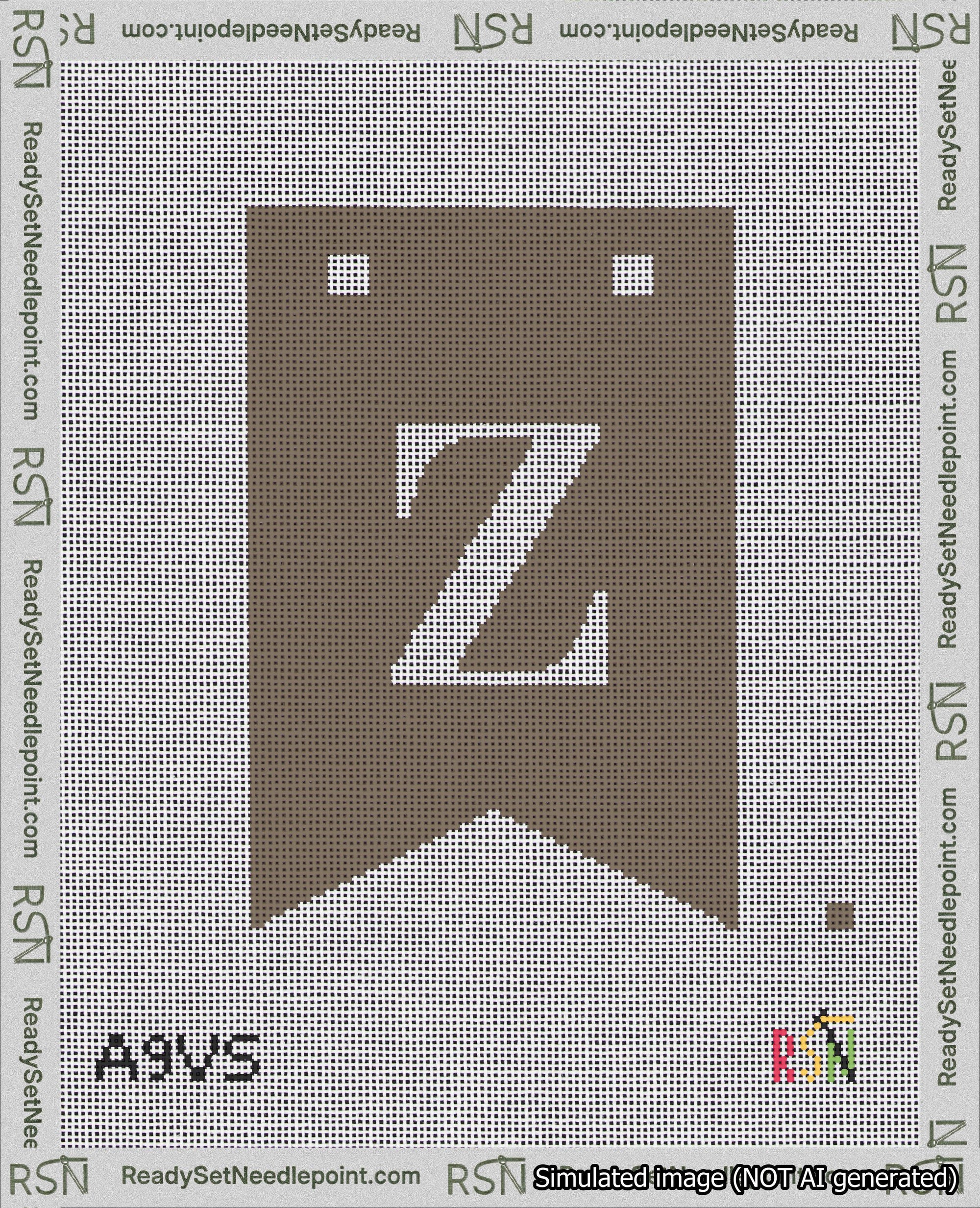 A taped needlepoint canvas with the design: Banner 18 mesh count Forked Z White on Brown.