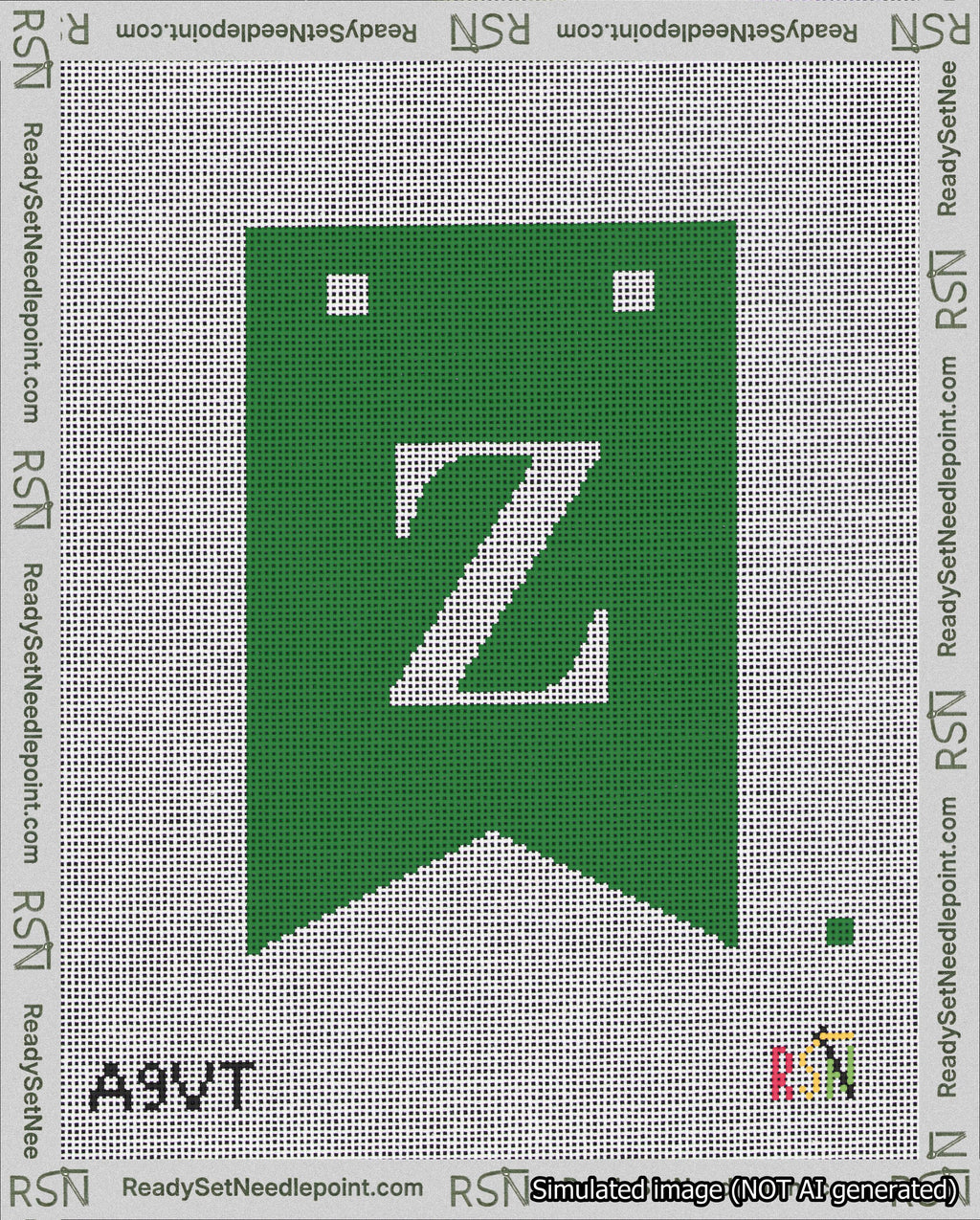 A taped needlepoint canvas with the design: Banner 18 mesh count Forked Z White on Green.