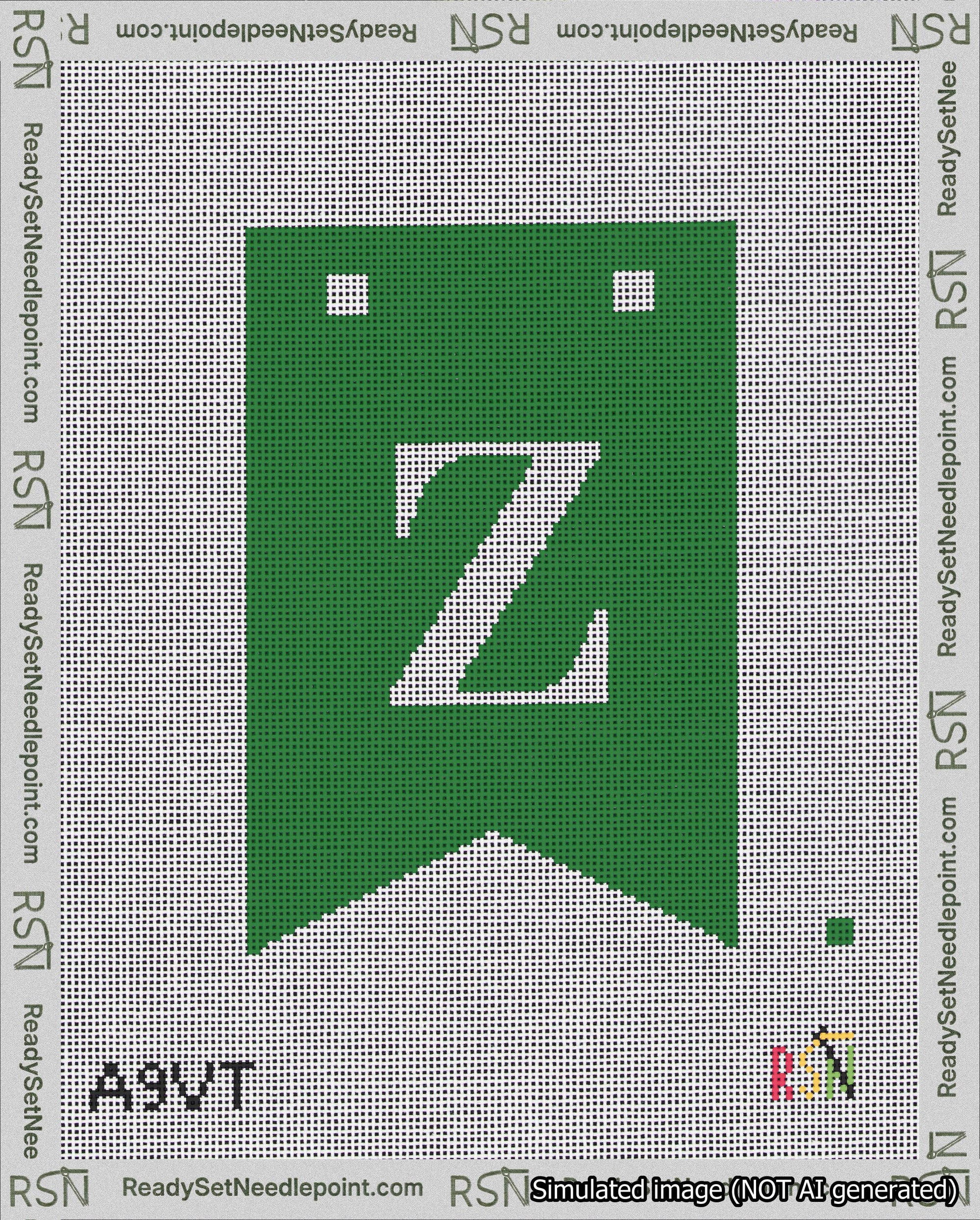 A taped needlepoint canvas with the design: Banner 18 mesh count Forked Z White on Green.