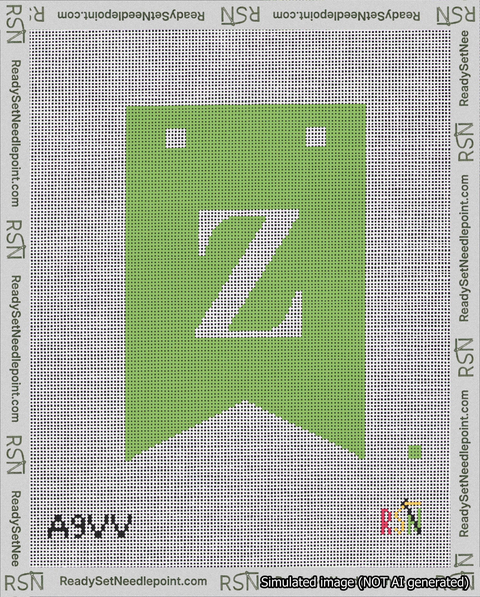 A taped needlepoint canvas with the design: Banner 18 mesh count Forked Z White on Light Green.