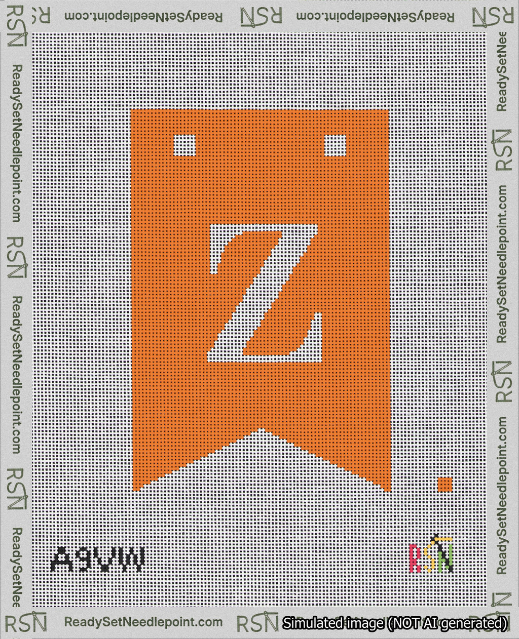 A taped needlepoint canvas with the design: Banner 18 mesh count Forked Z White on Orange.