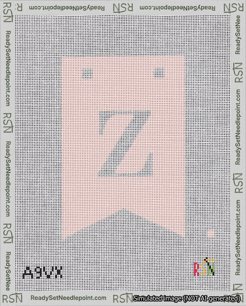 A taped needlepoint canvas with the design: Banner 18 mesh count Forked Z White on Pink.