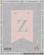 A taped needlepoint canvas with the design: Banner 18 mesh count Forked Z White on Pink.