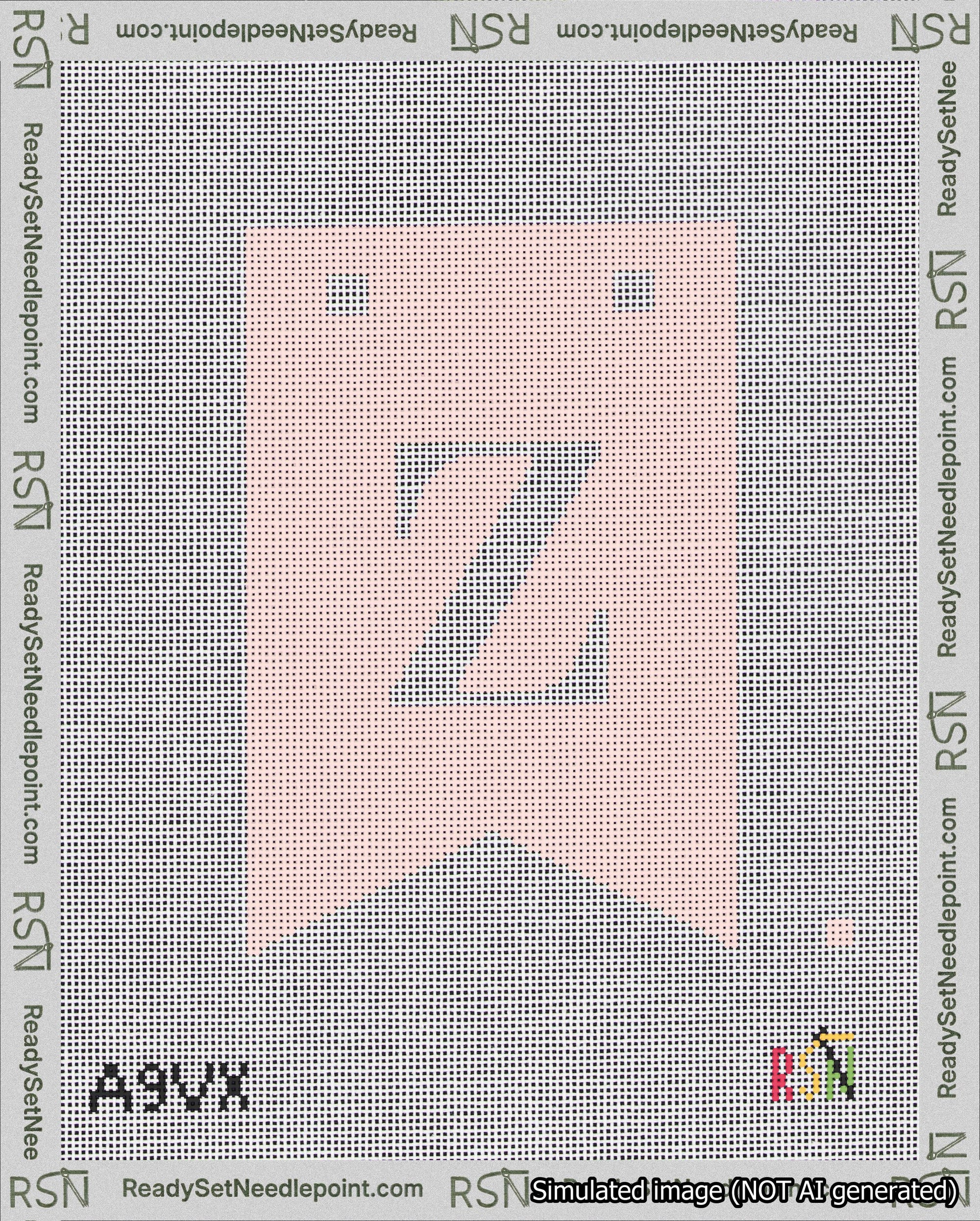 A taped needlepoint canvas with the design: Banner 18 mesh count Forked Z White on Pink.