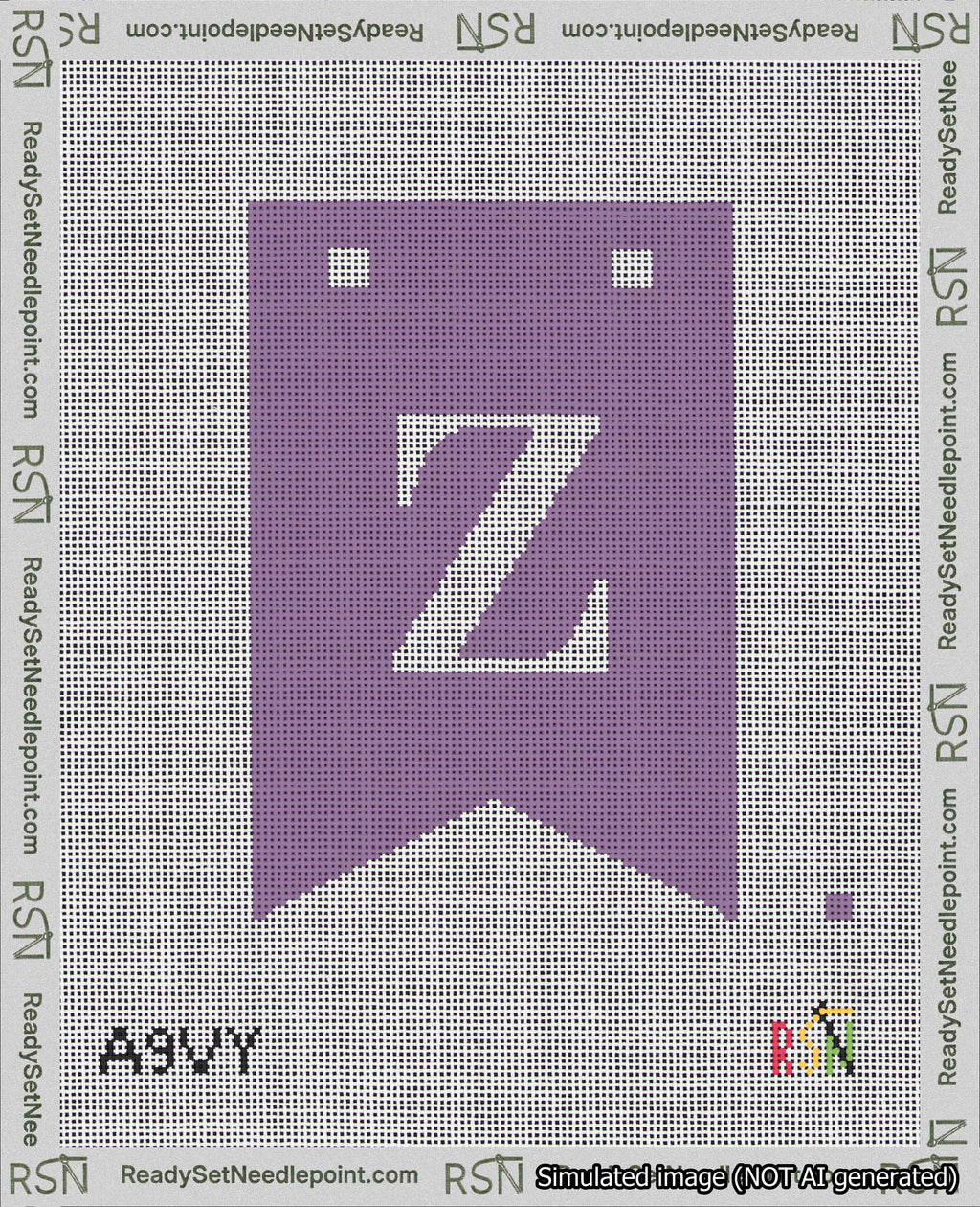 A taped needlepoint canvas with the design: Banner 18 mesh count Forked Z White on Purple.