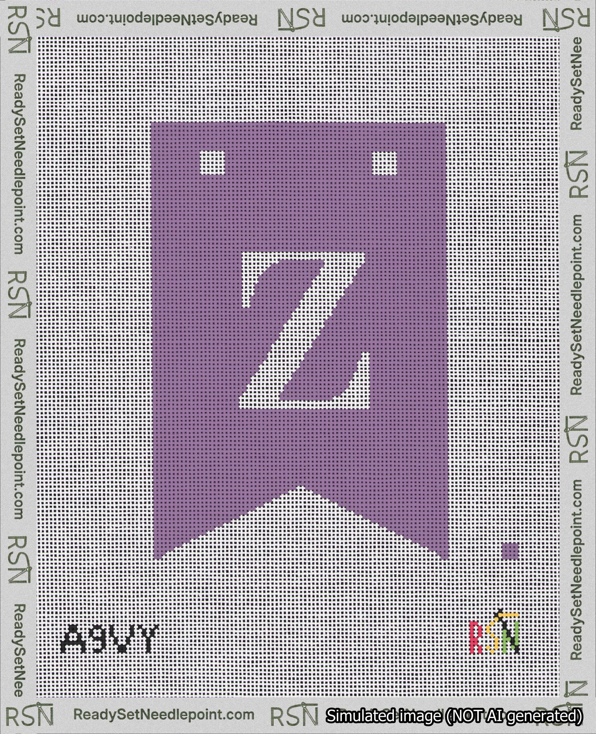 A taped needlepoint canvas with the design: Banner 18 mesh count Forked Z White on Purple.