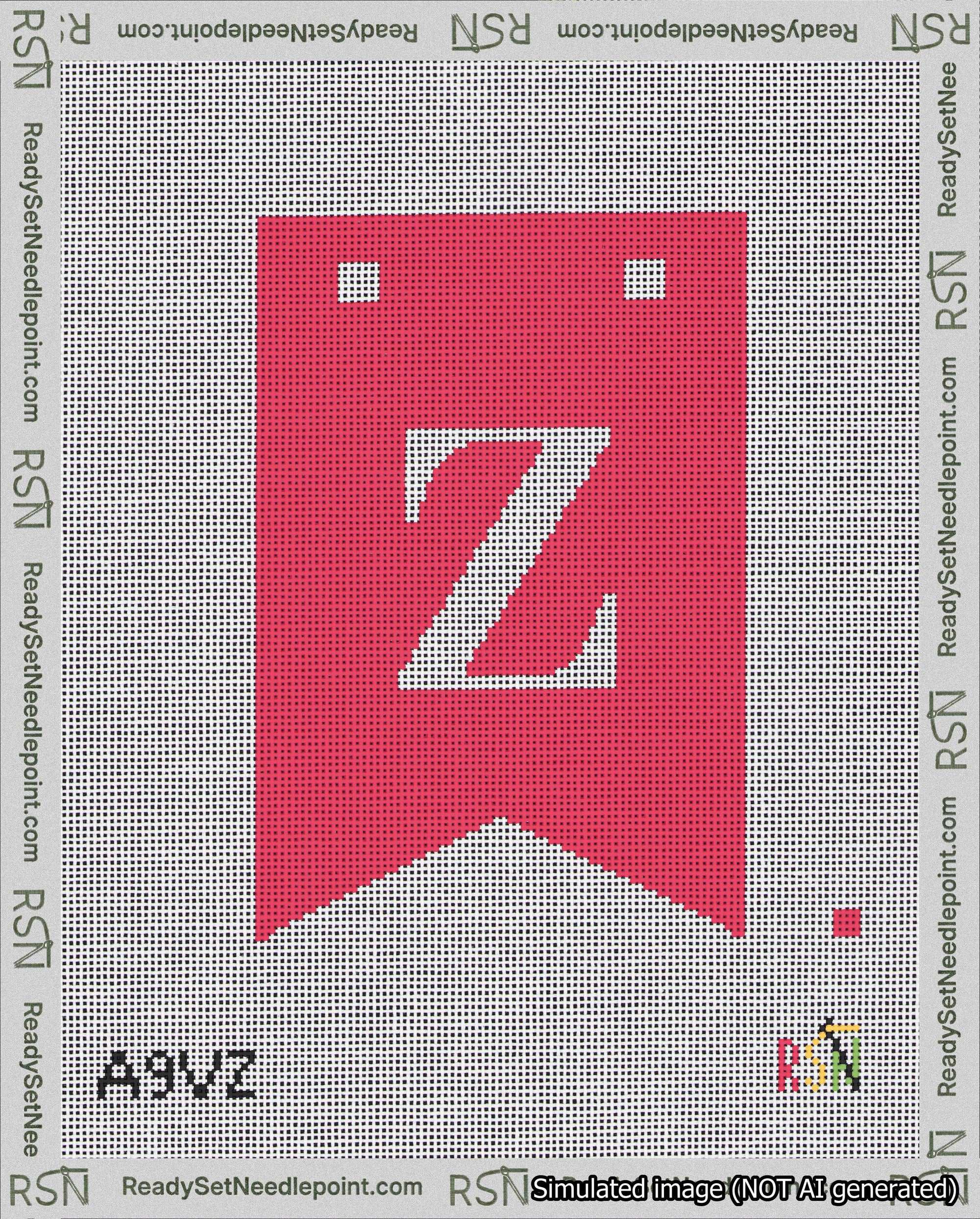 A taped needlepoint canvas with the design: Banner 18 mesh count Forked Z White on Red.