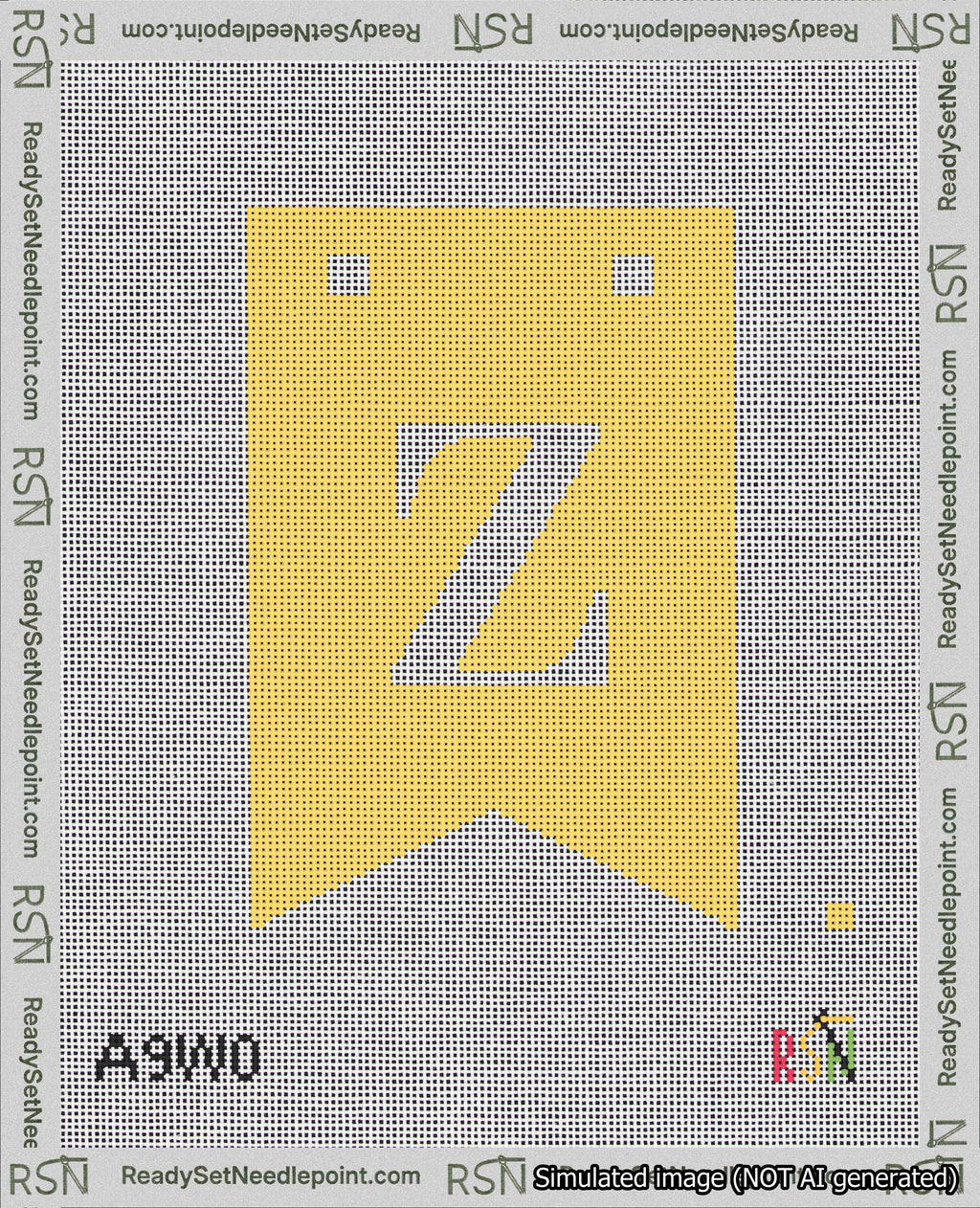 A taped needlepoint canvas with the design: Banner 18 mesh count Forked Z White on Yellow.