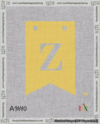 A taped needlepoint canvas with the design: Banner 18 mesh count Forked Z White on Yellow.