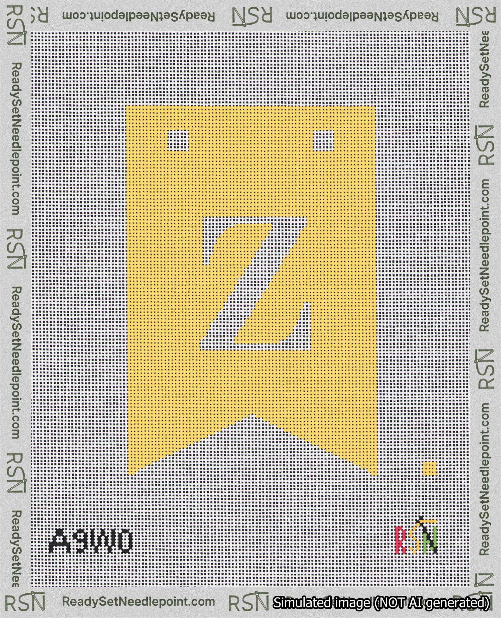 A taped needlepoint canvas with the design: Banner 18 mesh count Forked Z White on Yellow.