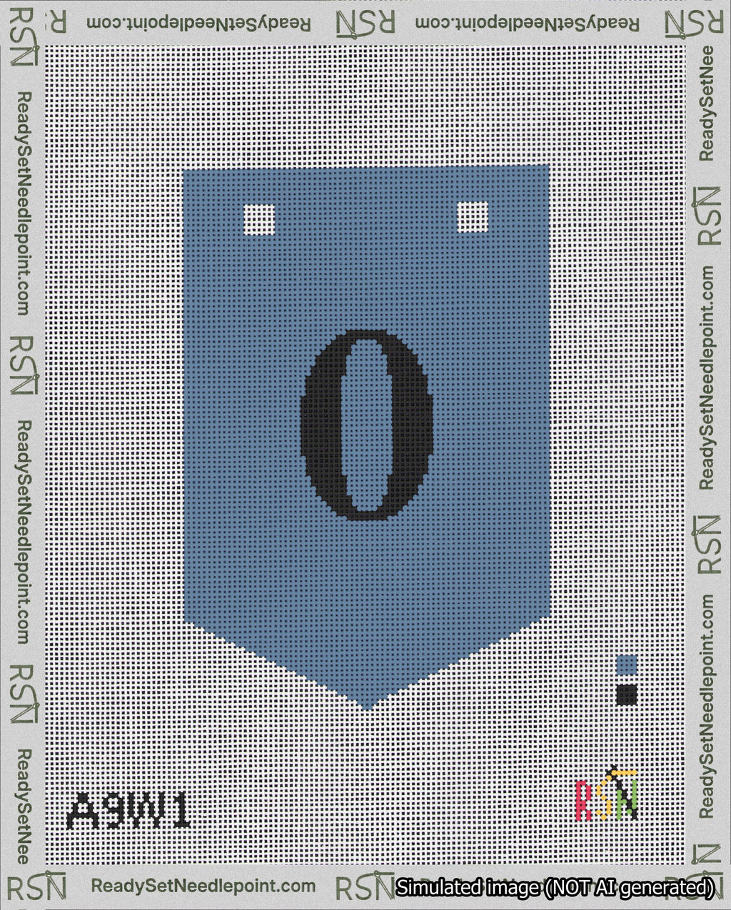 A taped needlepoint canvas with the design: Banner 18 mesh count Pointed 0 Black on Blue.
