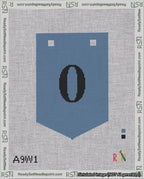A taped needlepoint canvas with the design: Banner 18 mesh count Pointed 0 Black on Blue.