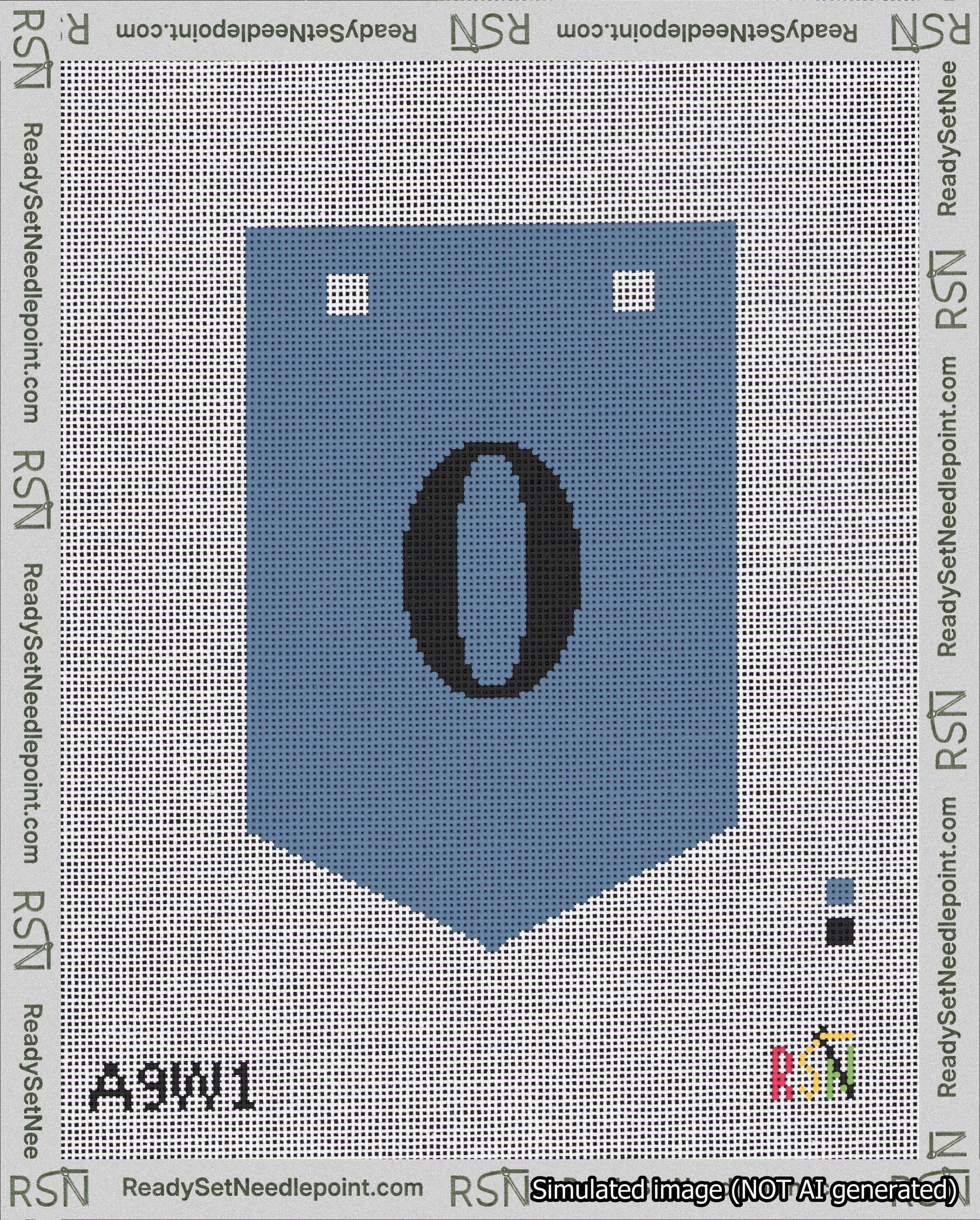 A taped needlepoint canvas with the design: Banner 18 mesh count Pointed 0 Black on Blue.