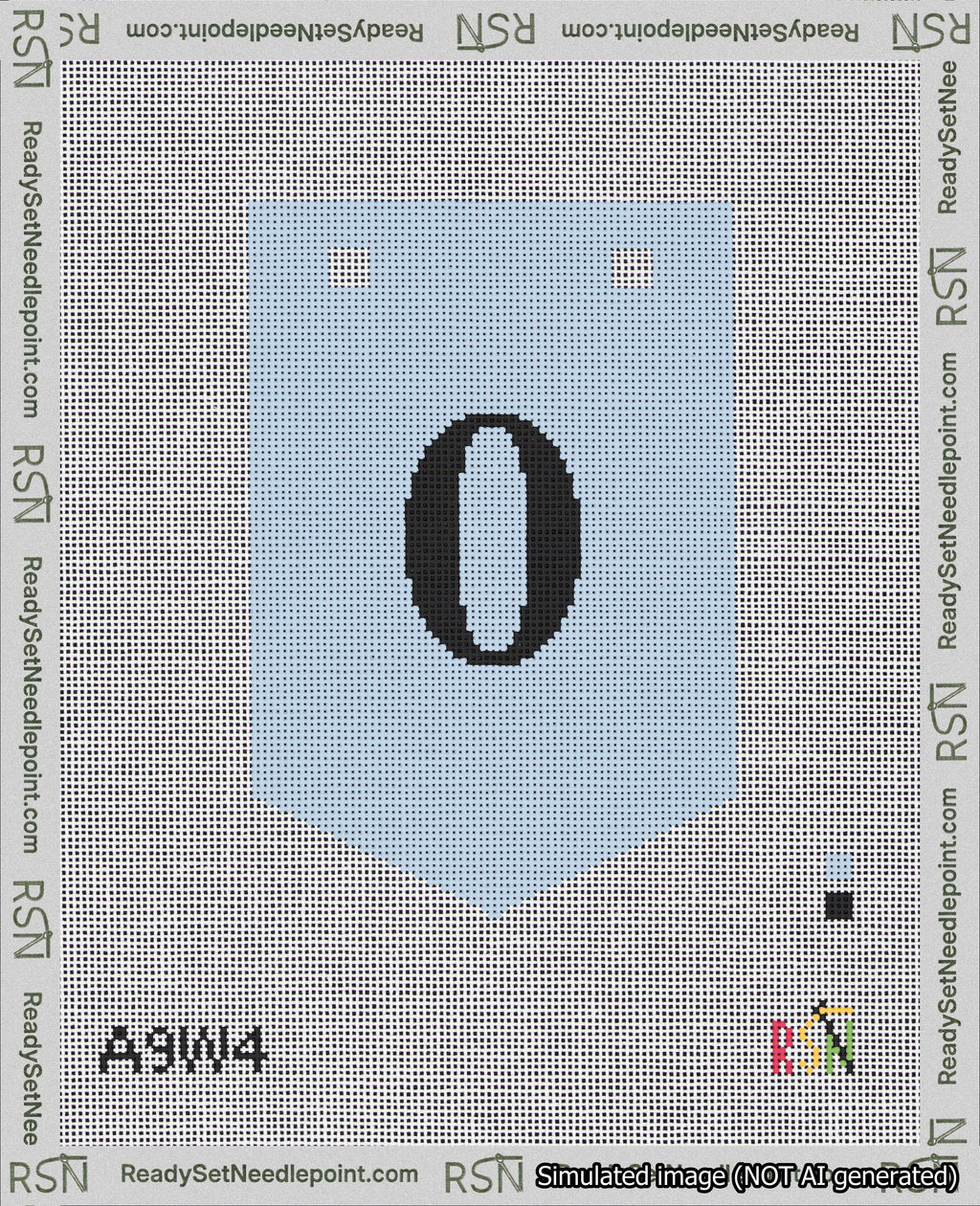 A taped needlepoint canvas with the design: Banner 18 mesh count Pointed 0 Black on Light Blue.
