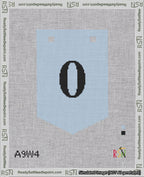 A taped needlepoint canvas with the design: Banner 18 mesh count Pointed 0 Black on Light Blue.