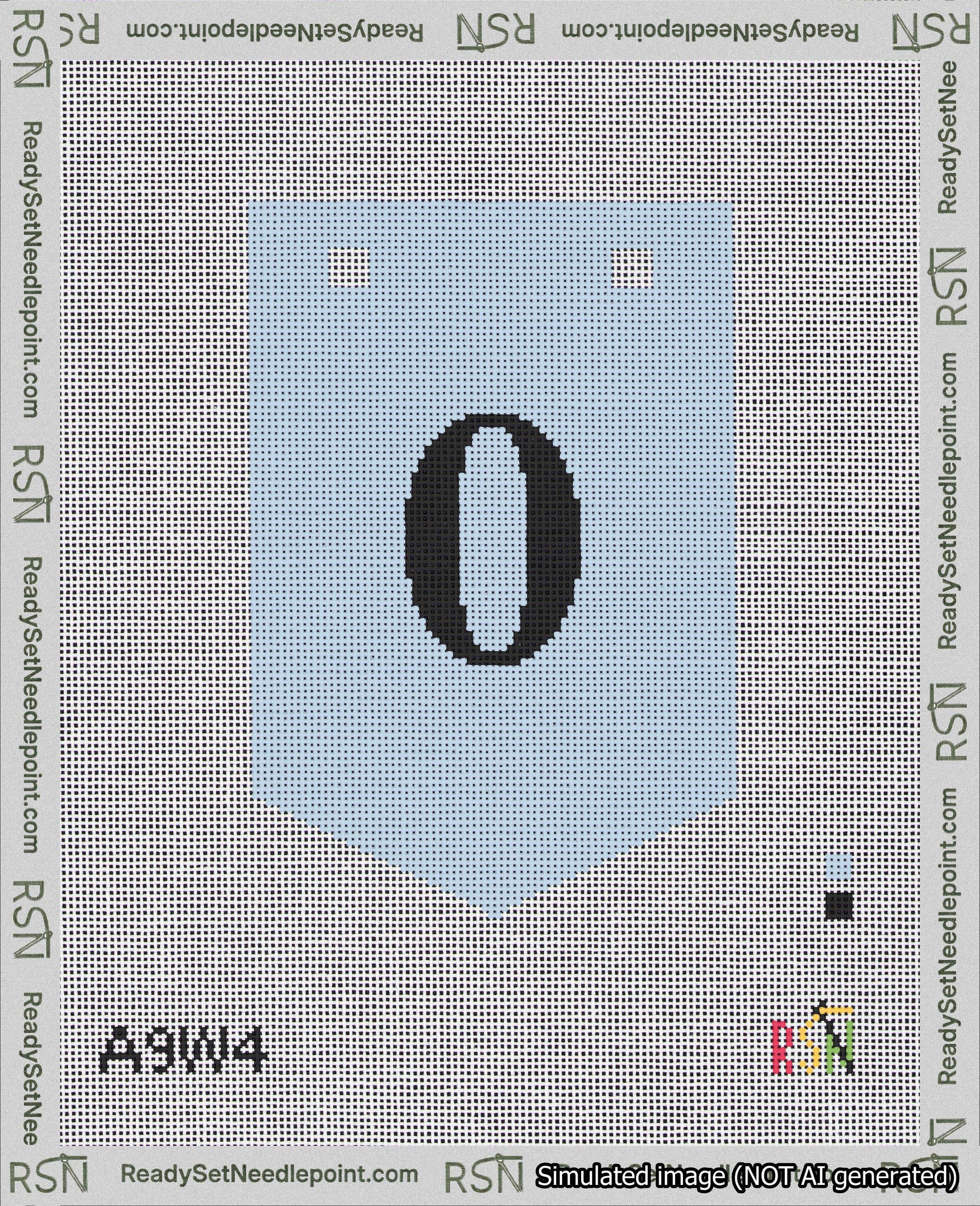 A taped needlepoint canvas with the design: Banner 18 mesh count Pointed 0 Black on Light Blue.
