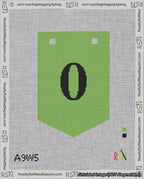 A taped needlepoint canvas with the design: Banner 18 mesh count Pointed 0 Black on Light Green.