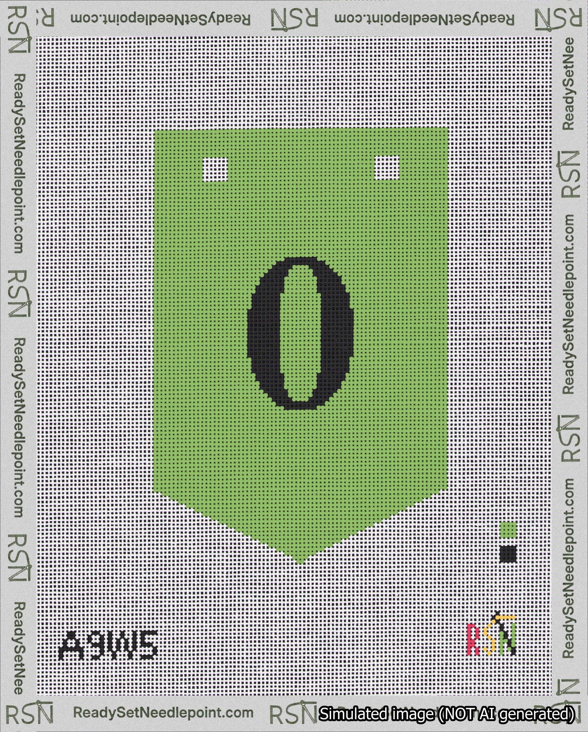 A taped needlepoint canvas with the design: Banner 18 mesh count Pointed 0 Black on Light Green.