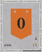 A taped needlepoint canvas with the design: Banner 18 mesh count Pointed 0 Black on Orange.