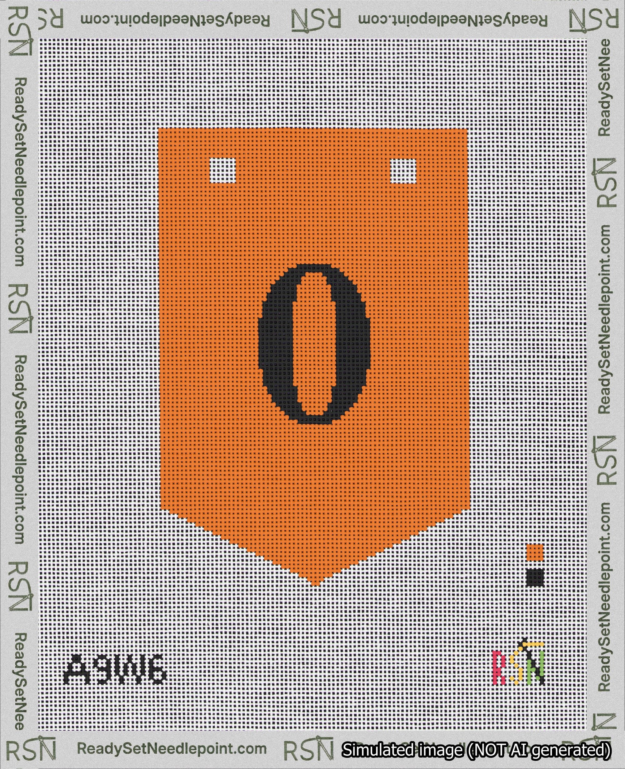 A taped needlepoint canvas with the design: Banner 18 mesh count Pointed 0 Black on Orange.