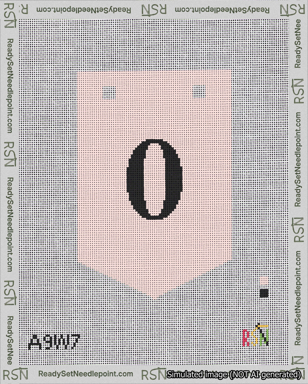 A taped needlepoint canvas with the design: Banner 18 mesh count Pointed 0 Black on Pink.
