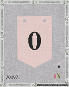 A taped needlepoint canvas with the design: Banner 18 mesh count Pointed 0 Black on Pink.
