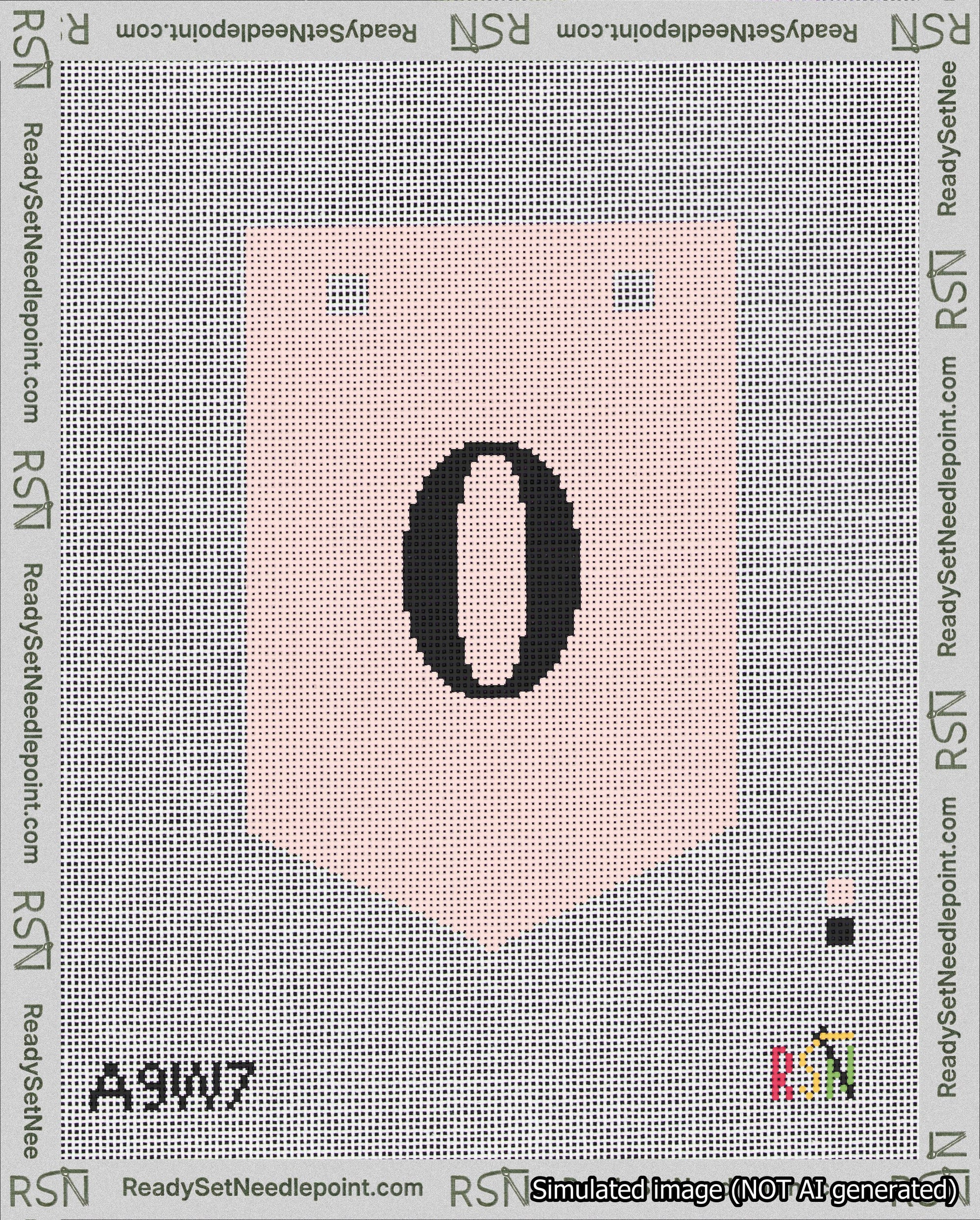 A taped needlepoint canvas with the design: Banner 18 mesh count Pointed 0 Black on Pink.