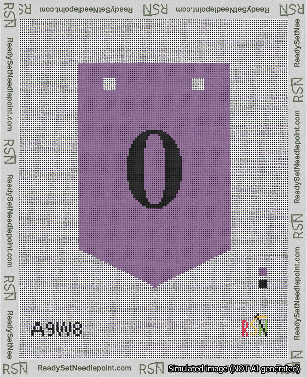 A taped needlepoint canvas with the design: Banner 18 mesh count Pointed 0 Black on Purple.