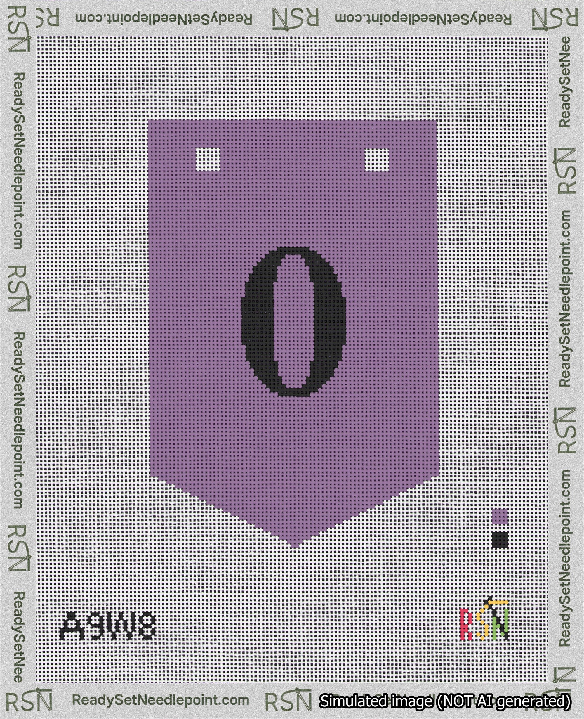 A taped needlepoint canvas with the design: Banner 18 mesh count Pointed 0 Black on Purple.