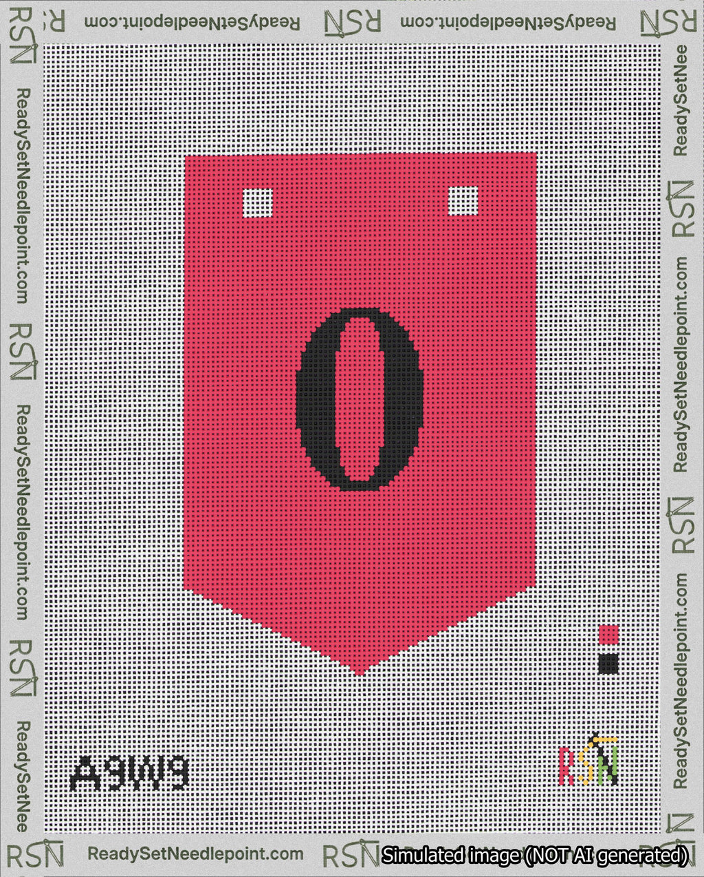 A taped needlepoint canvas with the design: Banner 18 mesh count Pointed 0 Black on Red.