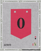 A taped needlepoint canvas with the design: Banner 18 mesh count Pointed 0 Black on Red.