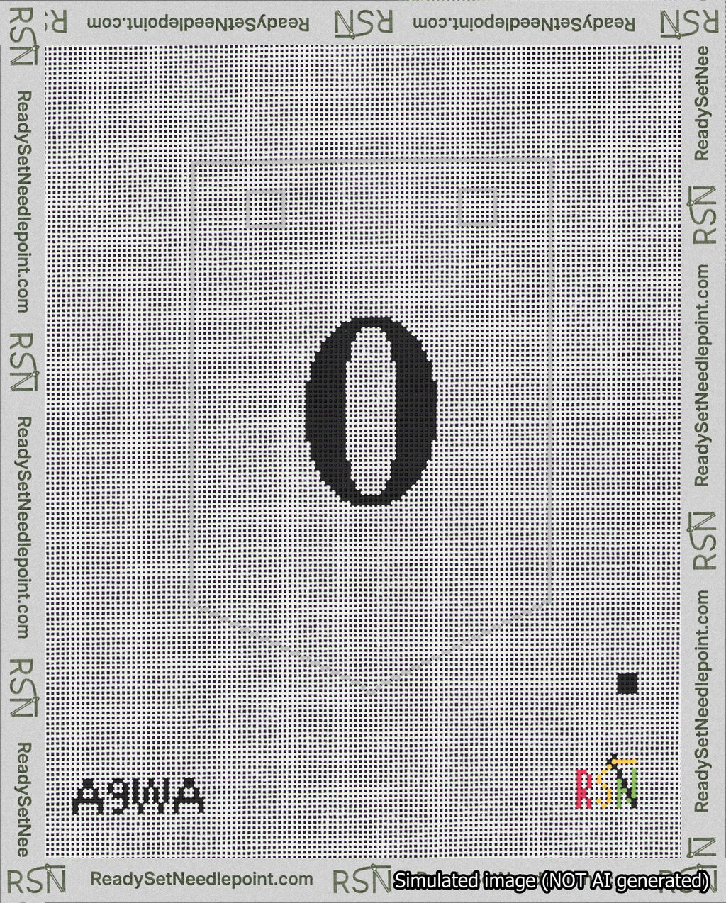 A taped needlepoint canvas with the design: Banner 18 mesh count Pointed 0 Black on White.