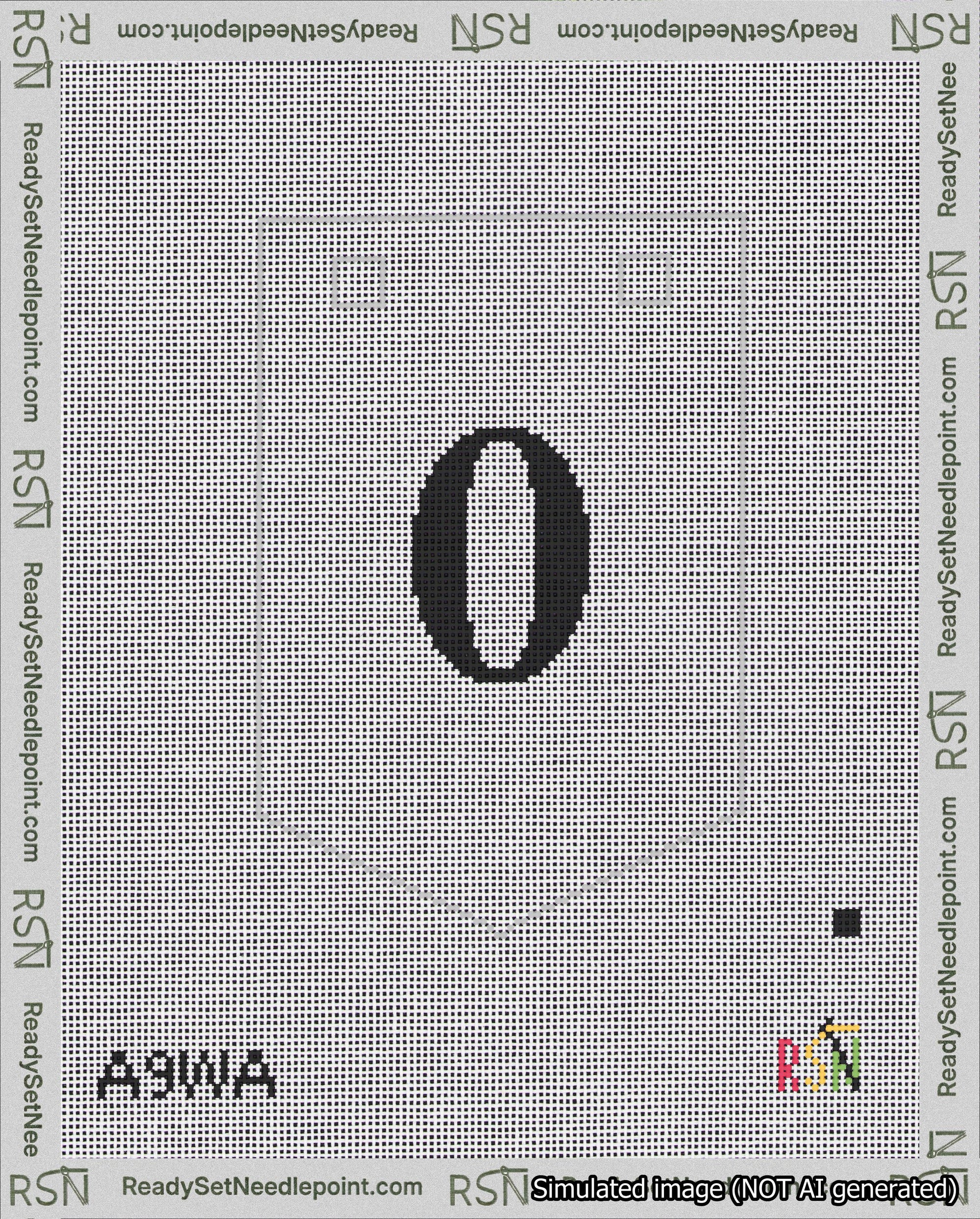 A taped needlepoint canvas with the design: Banner 18 mesh count Pointed 0 Black on White.