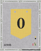 A taped needlepoint canvas with the design: Banner 18 mesh count Pointed 0 Black on Yellow.