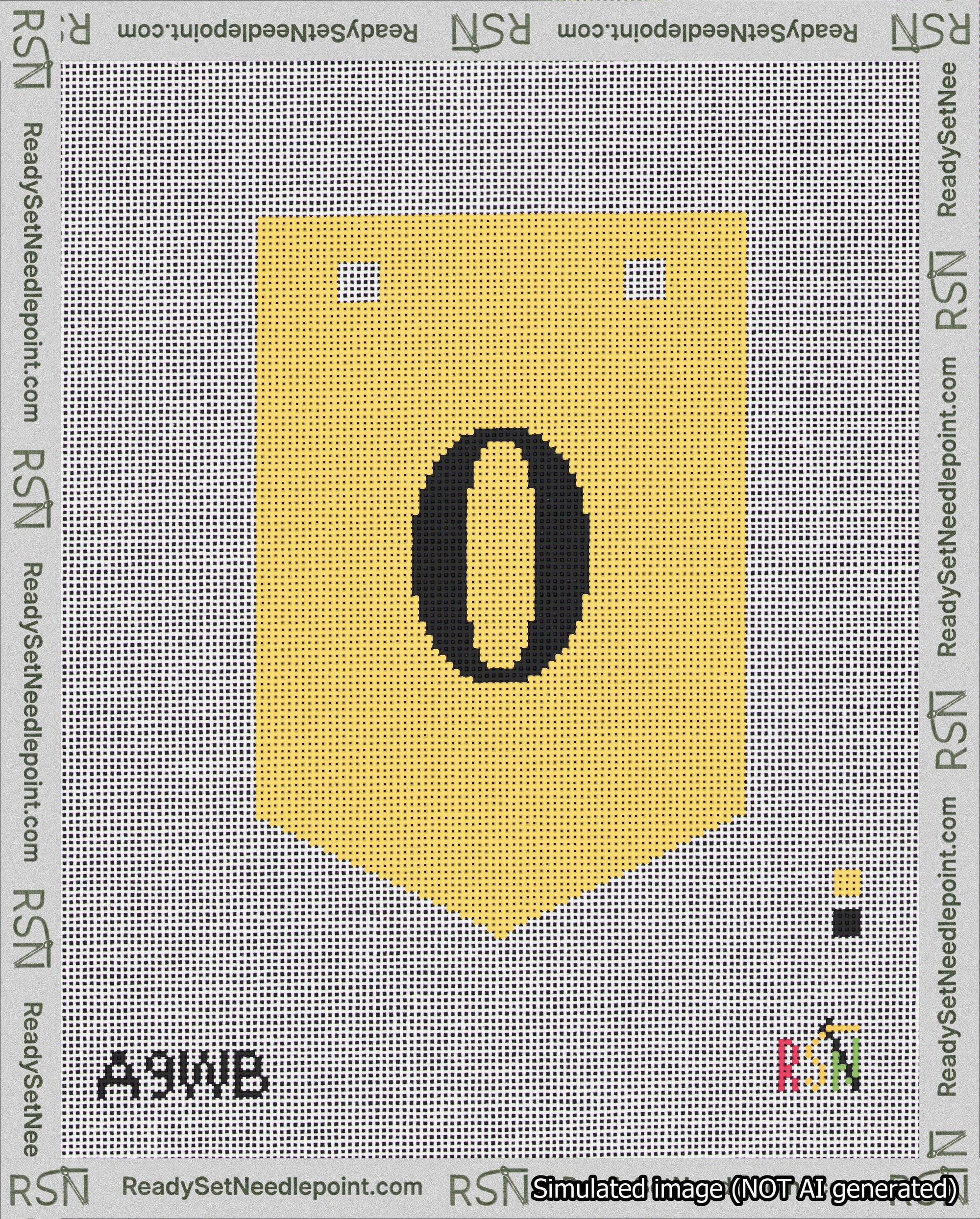 A taped needlepoint canvas with the design: Banner 18 mesh count Pointed 0 Black on Yellow.