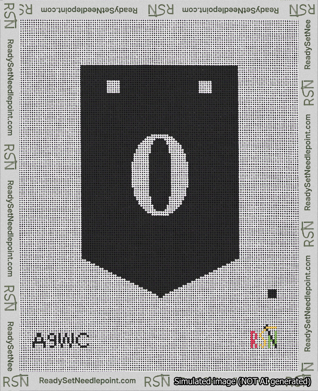 A taped needlepoint canvas with the design: Banner 18 mesh count Pointed 0 White on Black.