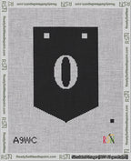 A taped needlepoint canvas with the design: Banner 18 mesh count Pointed 0 White on Black.