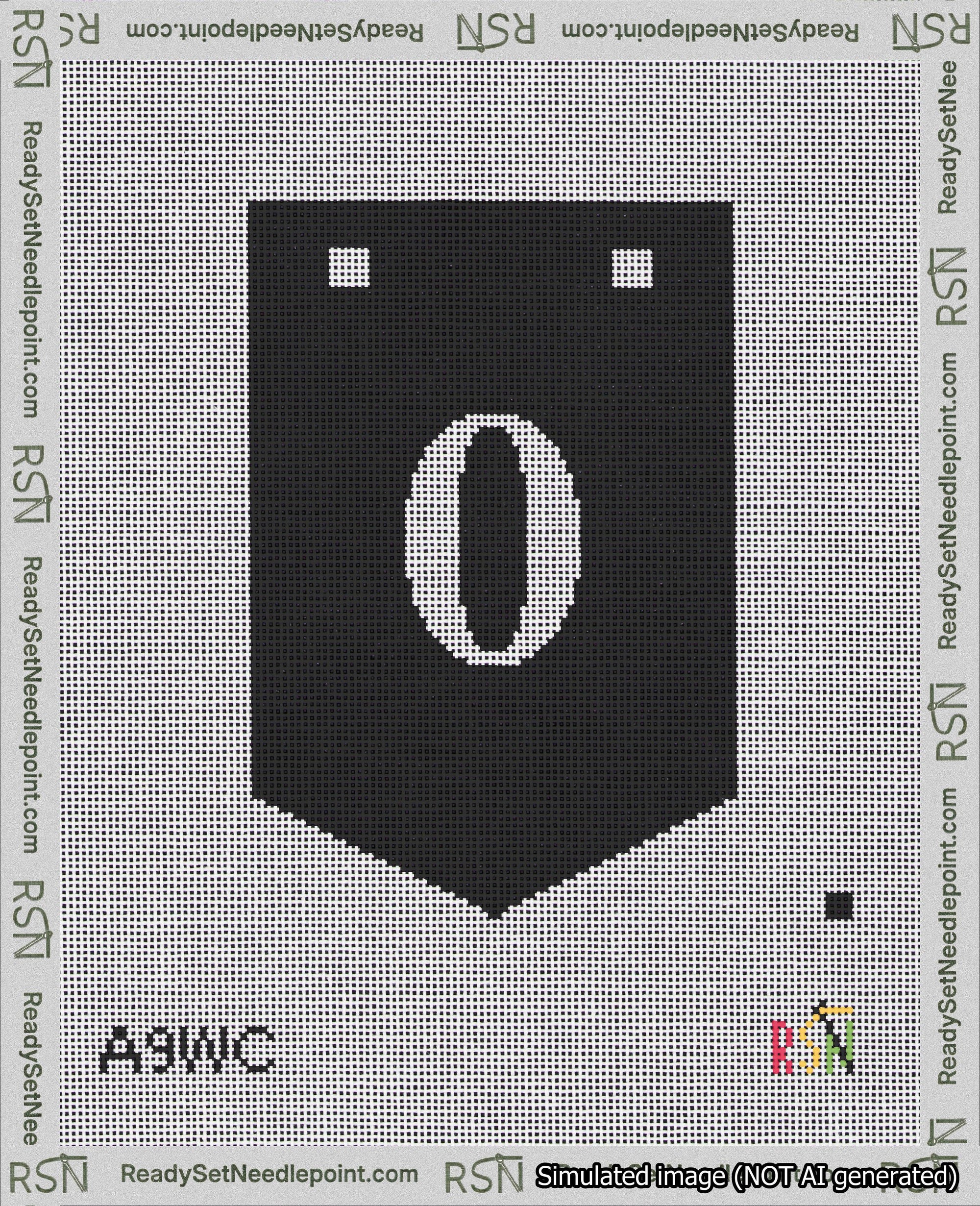 A taped needlepoint canvas with the design: Banner 18 mesh count Pointed 0 White on Black.