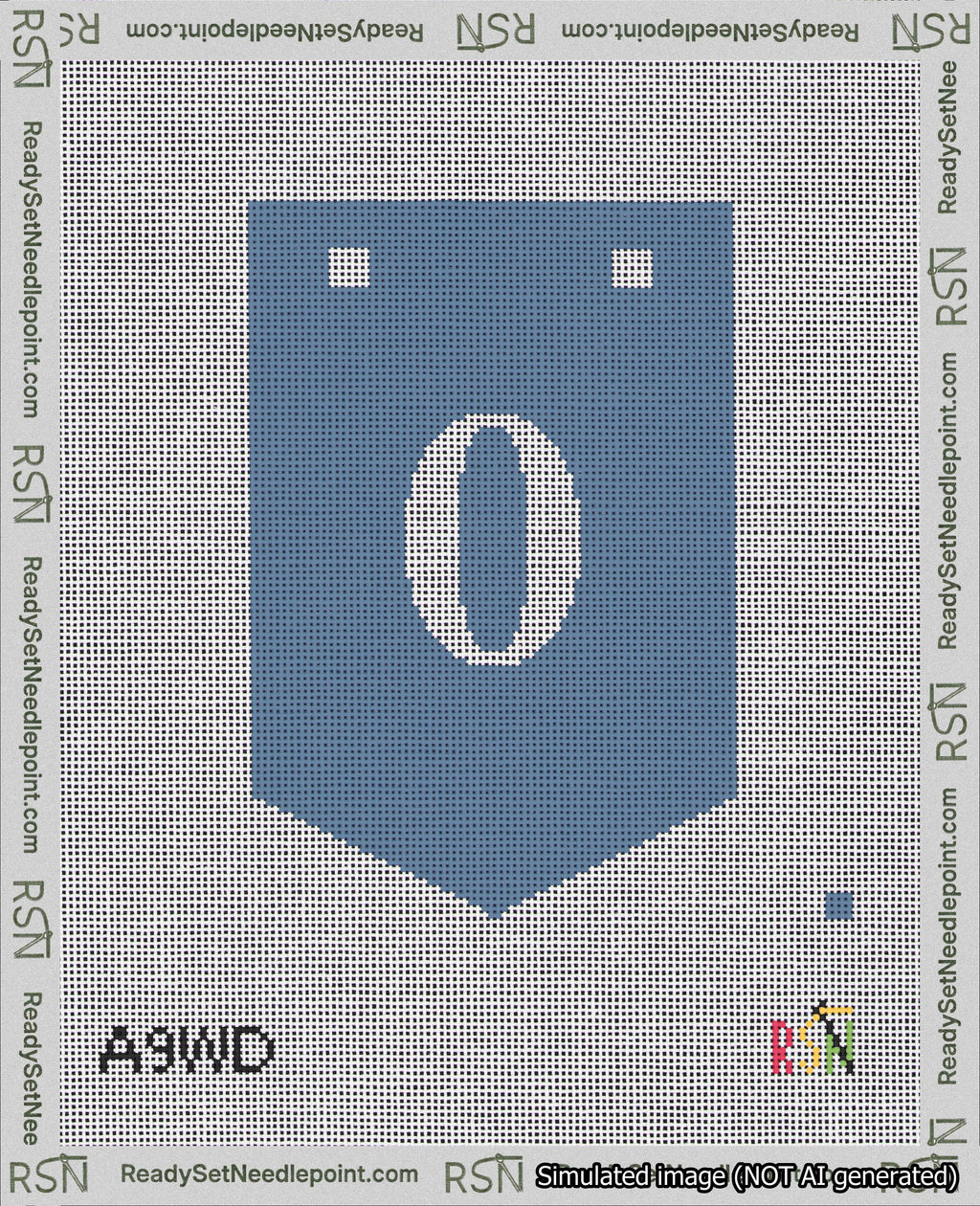 A taped needlepoint canvas with the design: Banner 18 mesh count Pointed 0 White on Blue.