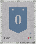 A taped needlepoint canvas with the design: Banner 18 mesh count Pointed 0 White on Blue.
