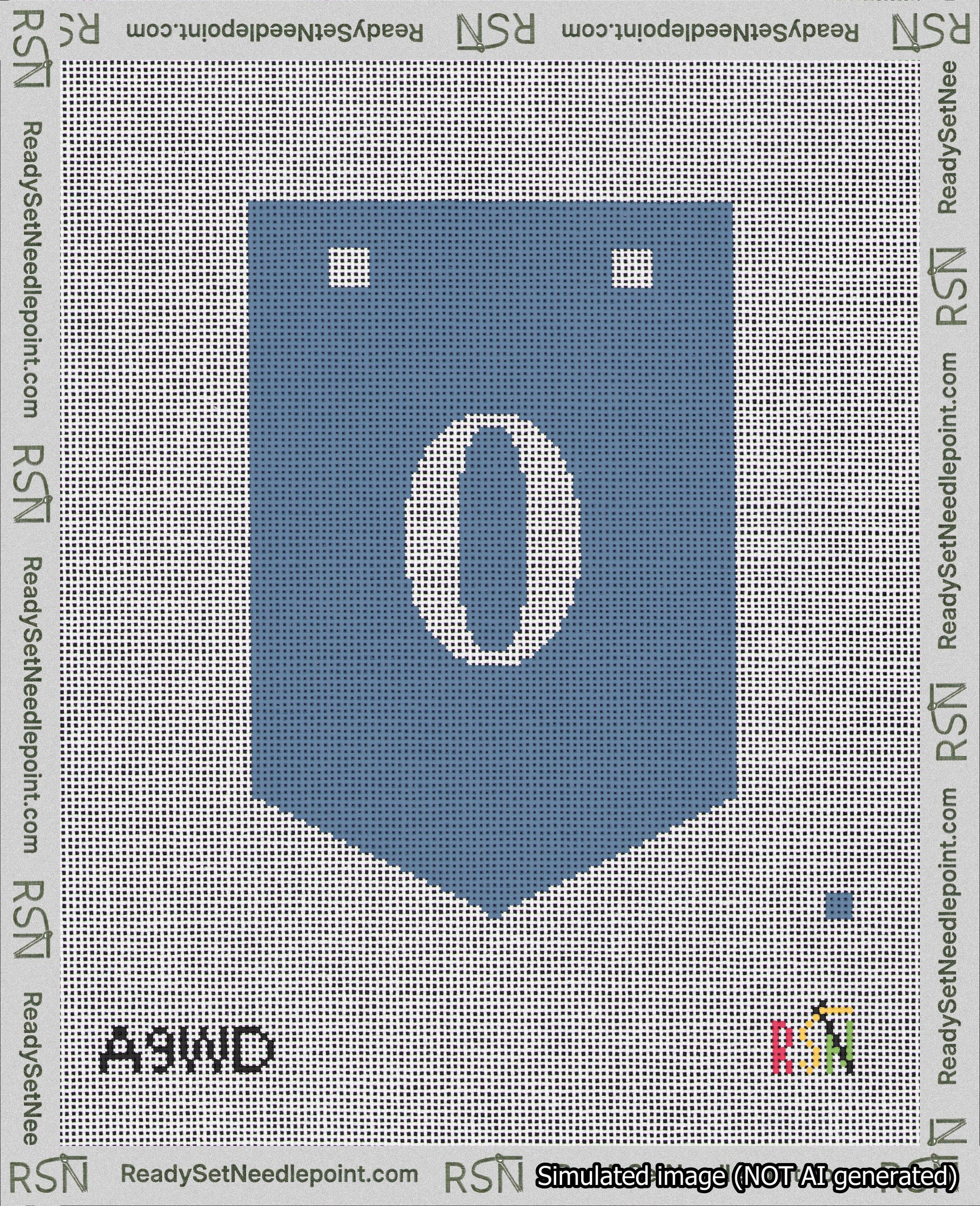 A taped needlepoint canvas with the design: Banner 18 mesh count Pointed 0 White on Blue.