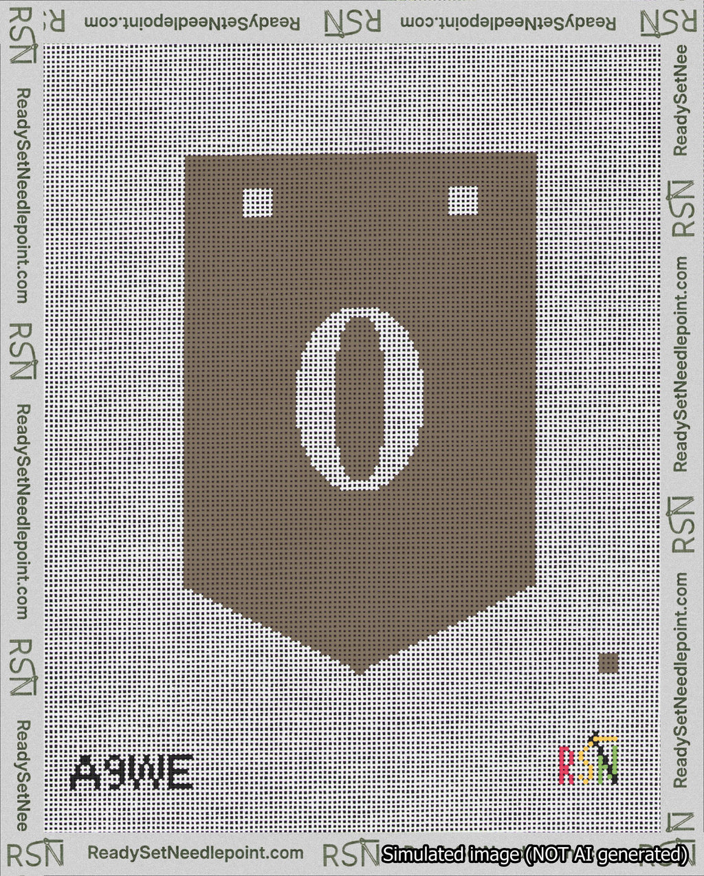 A taped needlepoint canvas with the design: Banner 18 mesh count Pointed 0 White on Brown.