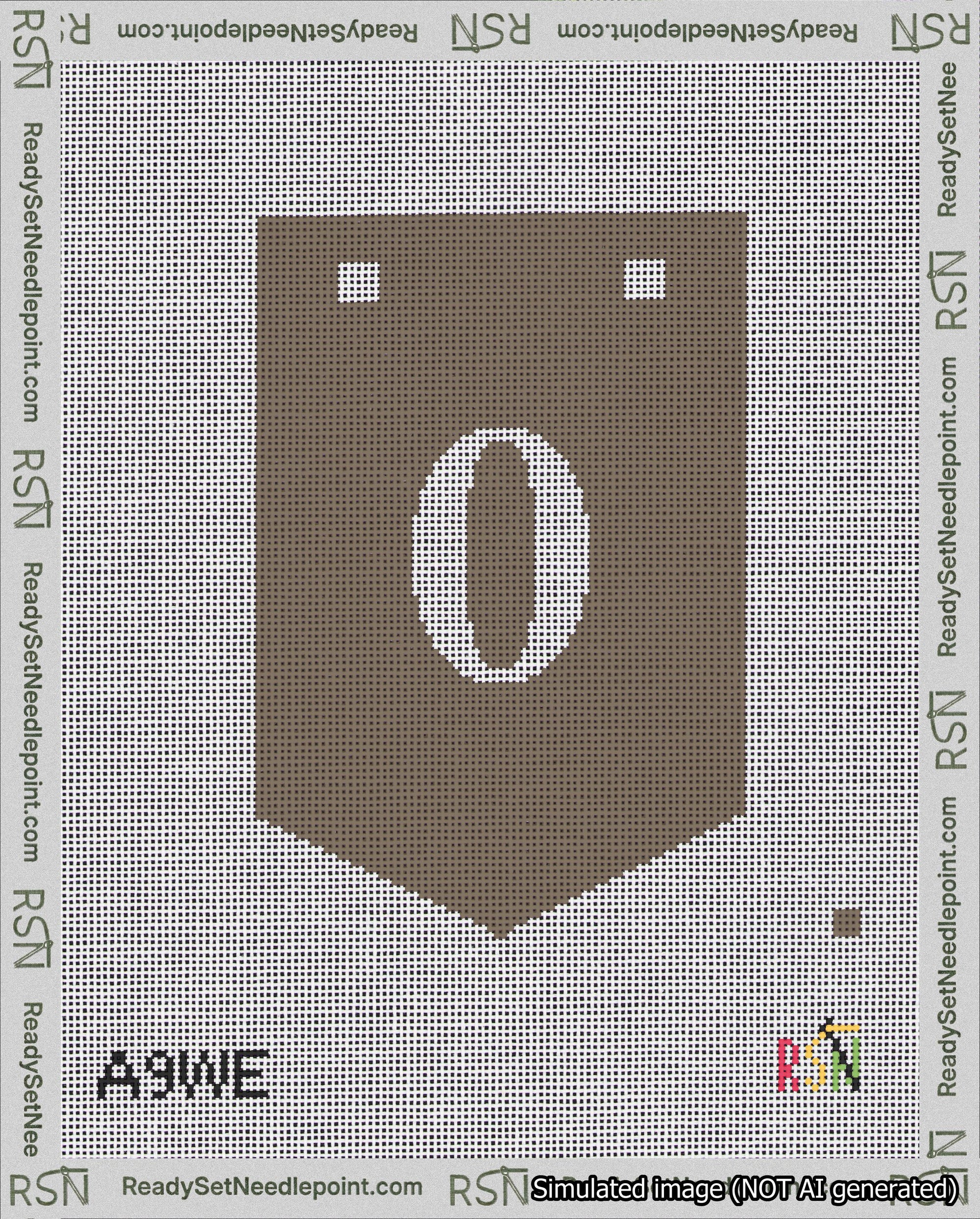 A taped needlepoint canvas with the design: Banner 18 mesh count Pointed 0 White on Brown.