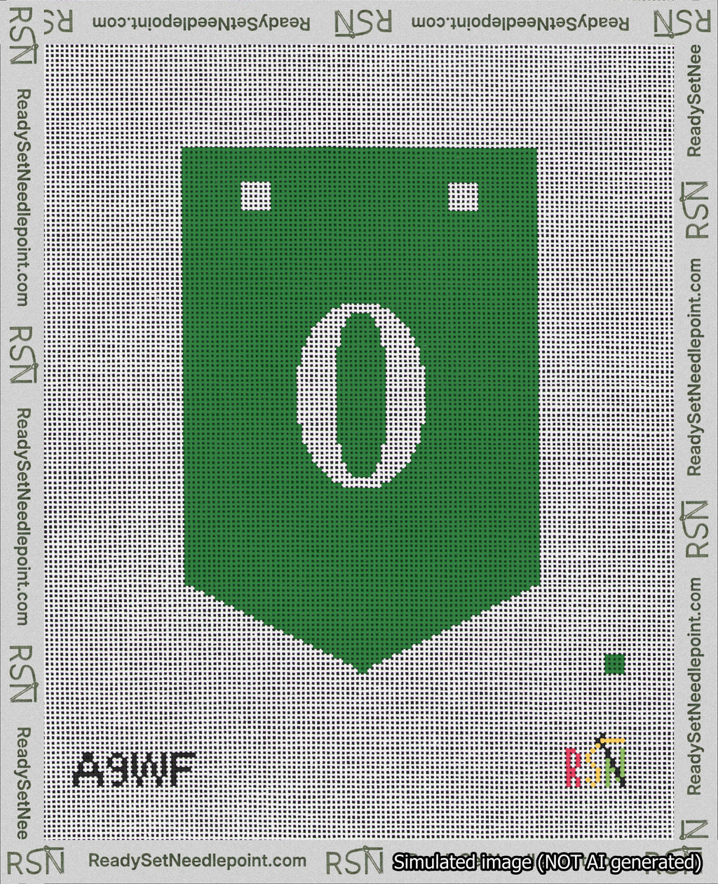 A taped needlepoint canvas with the design: Banner 18 mesh count Pointed 0 White on Green.
