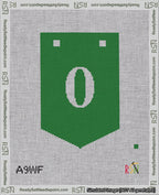 A taped needlepoint canvas with the design: Banner 18 mesh count Pointed 0 White on Green.