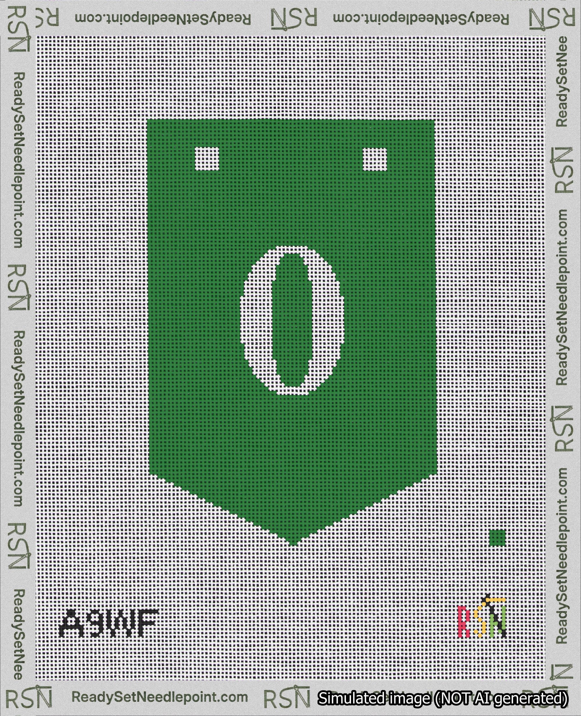 A taped needlepoint canvas with the design: Banner 18 mesh count Pointed 0 White on Green.